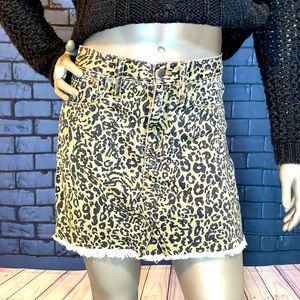 Madewell rigid denim, Leopard print, A-line skirt with frayed hemline and jagged